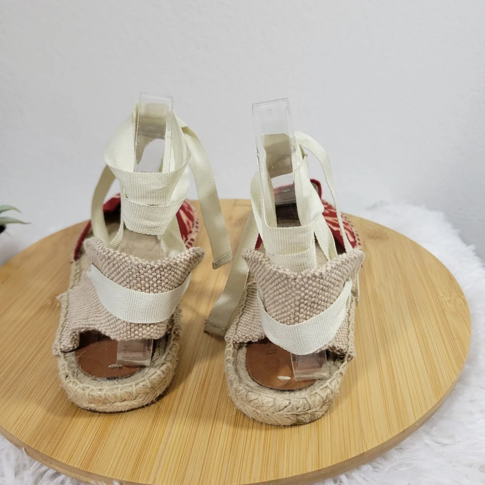SOLUDOS x WREN Batik red ankle tie open heel boho summer espadrille sandals